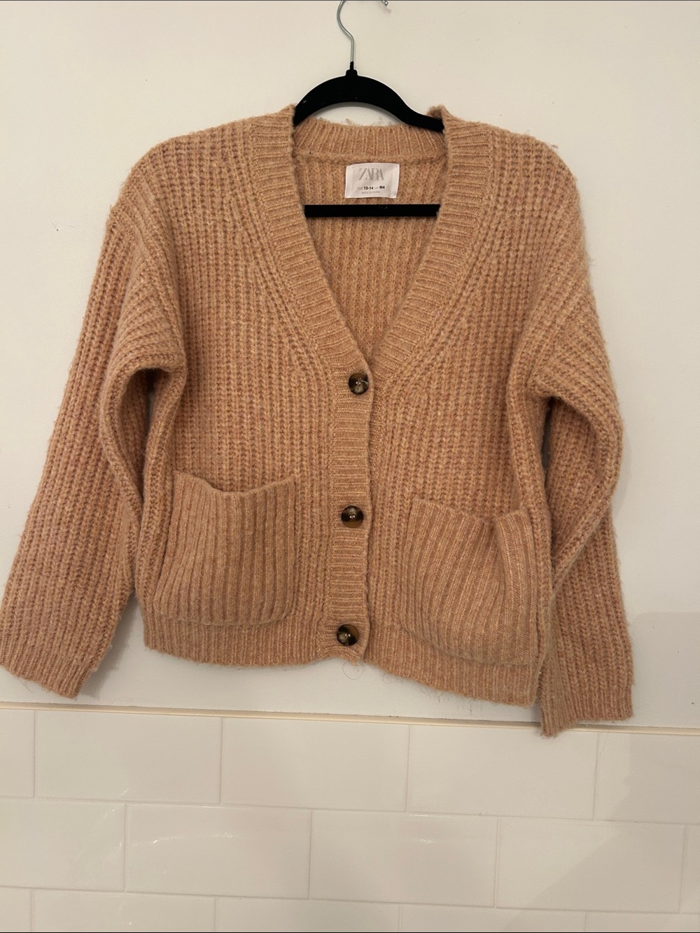 Zara Tan Chunky V-Neck Button Cardigan with Pockets
